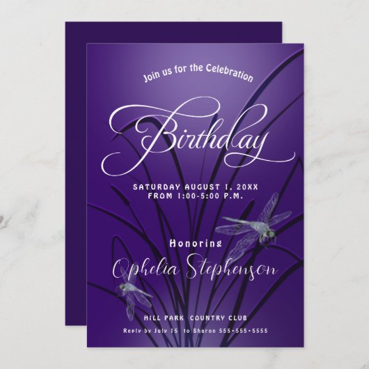 Amethyst Dragonfly Birthday Invitation Kaart (Voorkant / Achterkant)