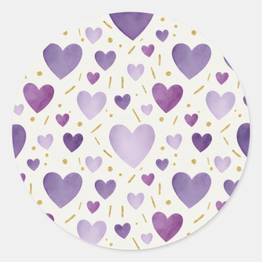Amethyst Dream Watercolor & Gold Glitter Hearts Ronde Sticker (Voorkant)