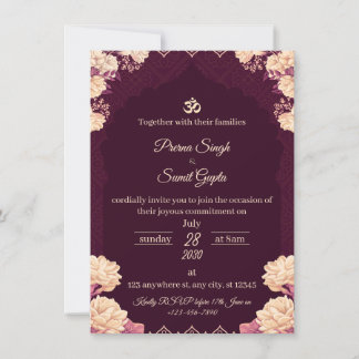 Amethyst Elegantie: Paarse Bloemige Trouw Uitnodig Kaart