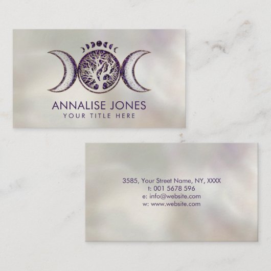 Amethyst en Gold Triple Moon - Levensboom Visitekaartje (Voorkant / Achterkant)