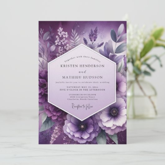 Amethyst Floral Elegance Wedding Kaart (Staand voorkant)