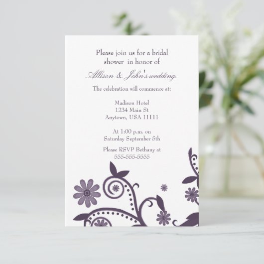 Amethyst Floral Swirls Bridal Shower Invitation Kaart (Staand voorkant)