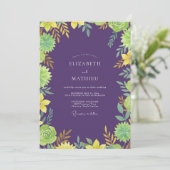 Amethyst Geel Loof Eucalyptus Bruiloft Kaart (Staand voorkant)