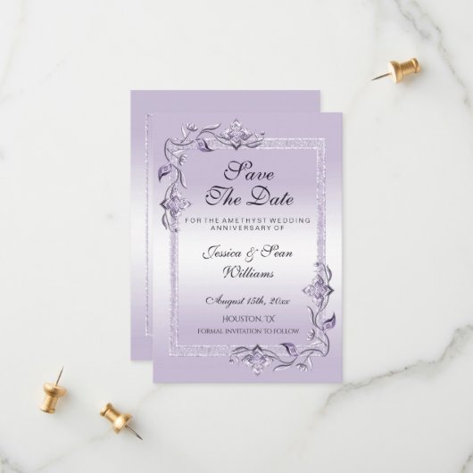 Amethyst Gem & Glitter 33rd Wedding Jubileum Save The Date (Voorkant / Achterkant in situ)