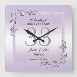 Amethyst Gem & Glitter 33rd Wedding Jubileum Vierkante Klok