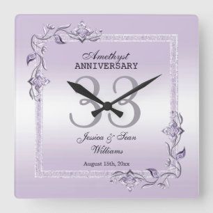 Amethyst Gem & Glitter 33rd Wedding Jubileum Vierkante Klok