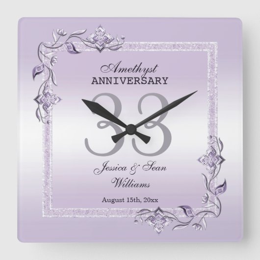 Amethyst Gem & Glitter 33rd Wedding Jubileum Vierkante Klok (Voorkant)