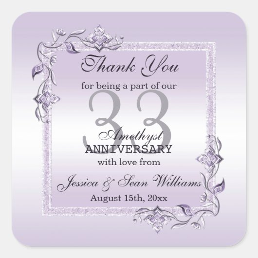 Amethyst Gem & Glitter 33rd Wedding Jubileum Vierkante Sticker (Voorkant)