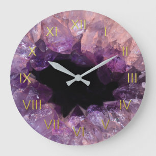 Amethyst Geode Depiction Wall Clock Gold Numeriek Grote Klok
