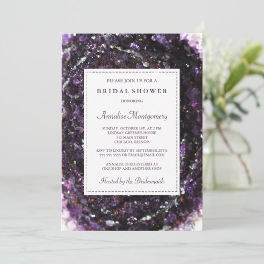 Amethyst Geode Paarse bruidsdouche Uitnodiging (Staand voorkant)