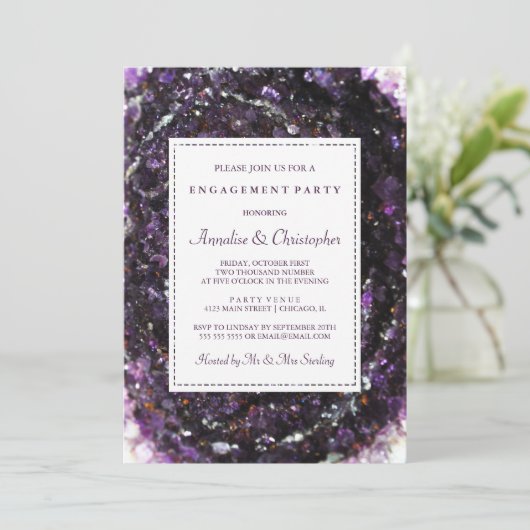 Amethyst Geode Paarse verlovingsfeestuitnodiging Kaart (Staand voorkant)