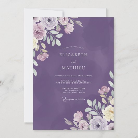 Amethyst Geschilderde Wilde Bloemen Bruiloft Kaart (Voorkant)