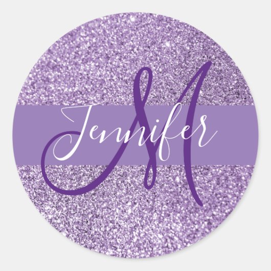 Amethyst Glitter Foto Naam en Initiaal Ronde Sticker (Voorkant)