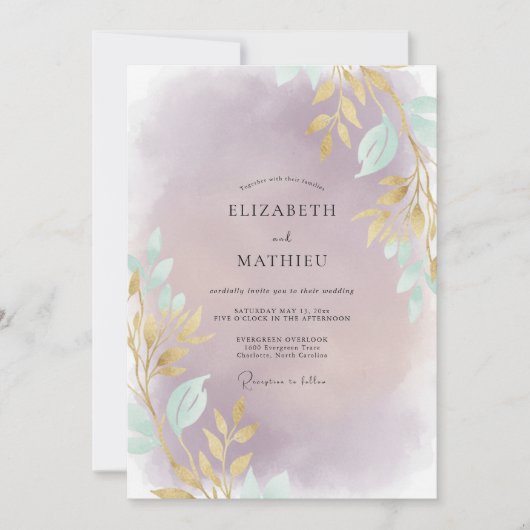 Amethyst Gouden Blad Huwelijk Kaart (Voorkant)