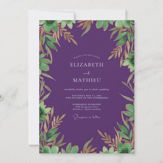 Amethyst Gouden Loof Eucalyptus Bruiloft Kaart (Voorkant)