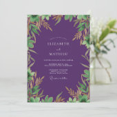Amethyst Gouden Loof Eucalyptus Bruiloft Kaart (Staand voorkant)