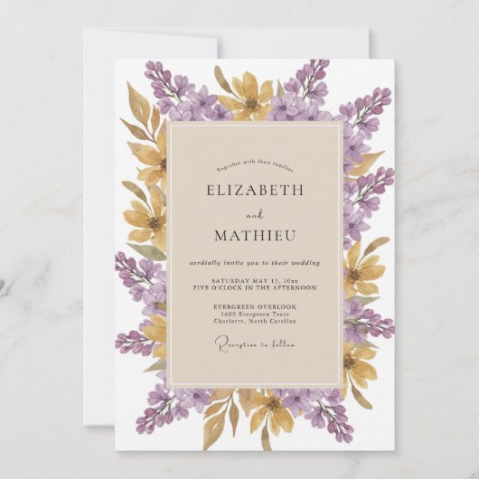 Amethyst Gouden Wilde Bloemen Bruiloft Kaart (Voorkant)