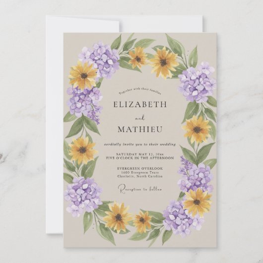 Amethyst Gouden Zonnebloem Eucalyptus Bruiloft Kaart (Voorkant)