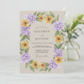Amethyst Gouden Zonnebloem Eucalyptus Bruiloft Kaart (Staand voorkant)