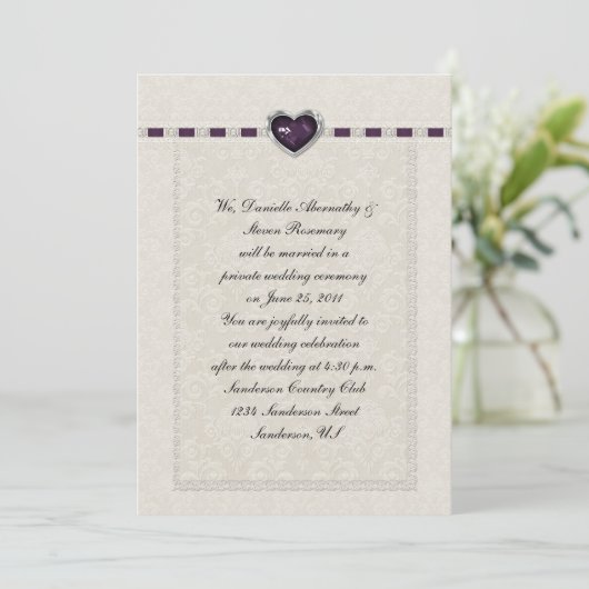 Amethyst Heart Paars Ribbon & Lace Post Wedding Kaart (Staand voorkant)