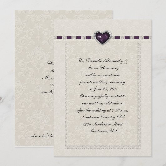 Amethyst Heart Paars Ribbon & Lace Post Wedding Kaart (Voorkant / Achterkant)