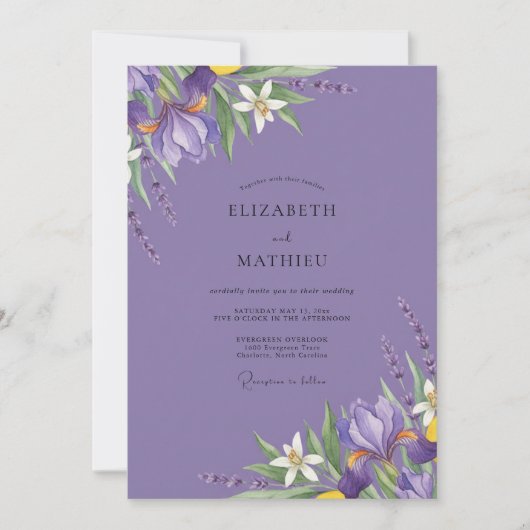 Amethyst Iris Loofwerk Eucalyptus Bruiloft Kaart (Voorkant)
