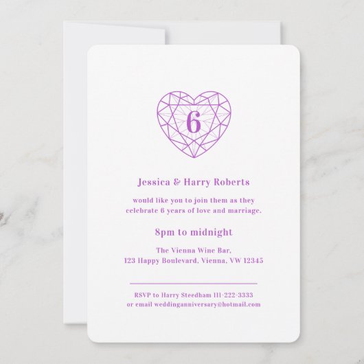 Amethyst jubileum 6 jaar liefde feestelijke uitnod kaart (Achterkant)