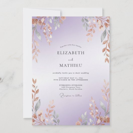Amethyst Koperen Tak Eucalyptus Bruiloft Kaart (Voorkant)