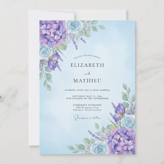 Amethyst Korenbloem Hydrangea Eucalyptus Bruiloft Kaart (Voorkant)