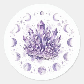 Amethyst Kristalcluster met Maanfasen — Geest Ronde Sticker
