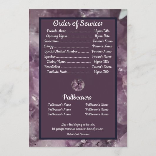 Amethyst-kristalfoto's en citaat programmakaart (Achterkant)