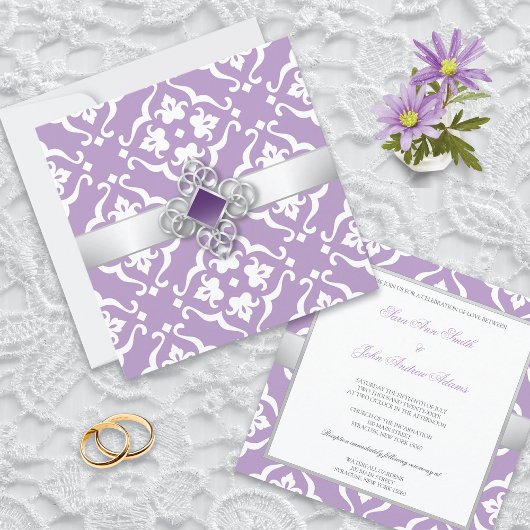 Amethyst Lily Damask Floral Wedding Kaart