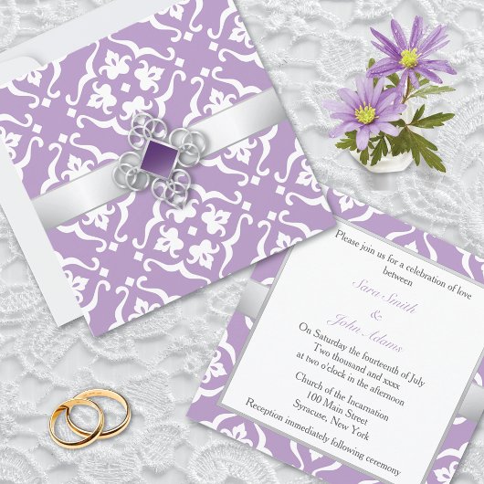 Amethyst Lily Damask Floral Wedding Kaart