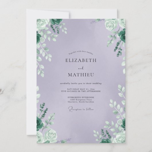 Amethyst Loofwerk Gedempte Eucalyptus Bruiloft Kaart (Voorkant)