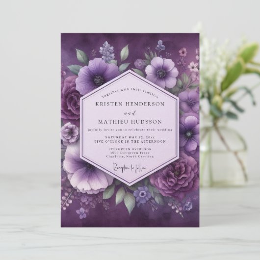 Amethyst Luminous Bloom Wedding Kaart (Staand voorkant)