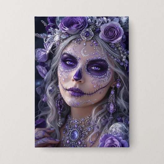 Amethyst Maan Calavera – Paarse Dag van de Doden Button (Voorkant)