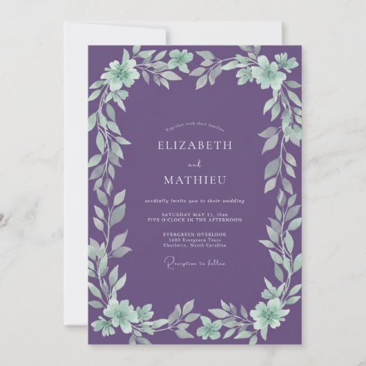 Amethyst Mint Loofwerk Eucalyptus Bruiloft Kaart (Voorkant)