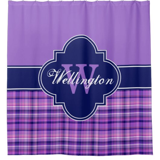 Amethyst Navy Blue Madras Pset 1I CB Ribbon Name Douchegordijn (Voorkant)