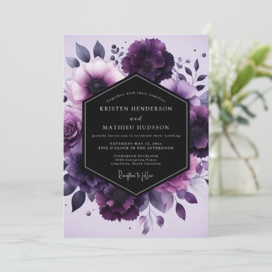 Amethyst Nocturne Flora Wedding Kaart (Staand voorkant)