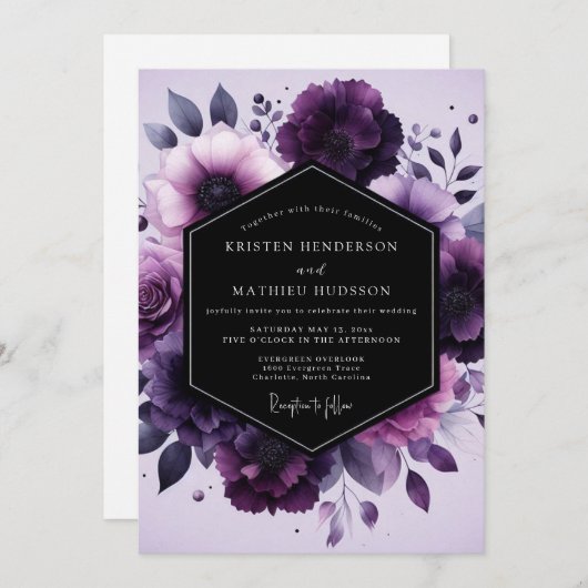 Amethyst Nocturne Flora Wedding Kaart (Voorkant / Achterkant)