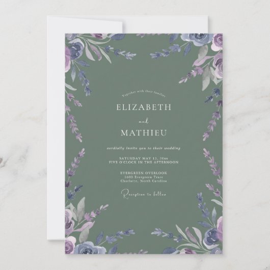 Amethyst Olijf Wilde Bloemen Bruiloft Kaart (Voorkant)