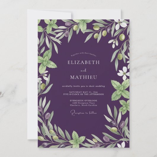 Amethyst Olijftak Eucalyptus Bruiloft Kaart (Voorkant)