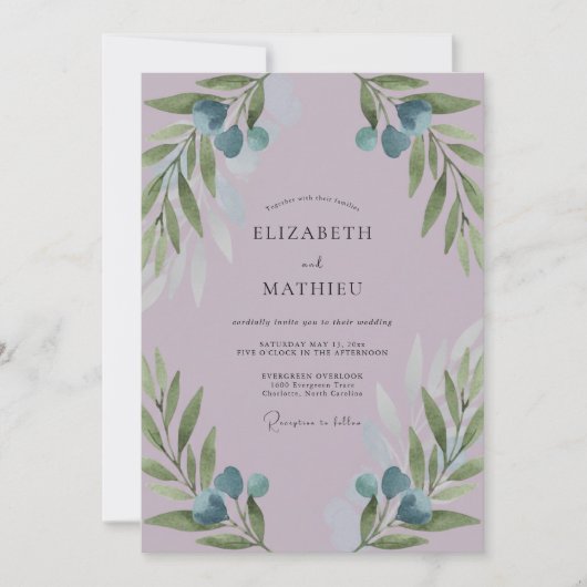Amethyst Olijftak Stof Eucalyptus Bruiloft Kaart (Voorkant)