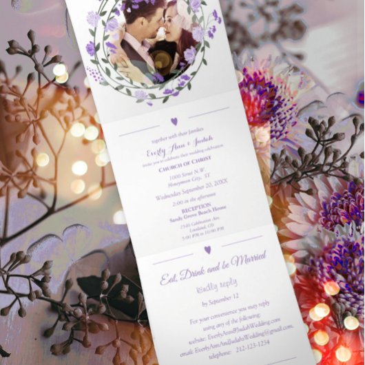 Amethyst Orchid Paars Lila Peony Floral Wedding Drieluik Uitnodiging