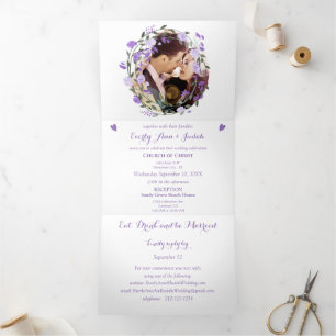 Amethyst Orchid Paars Lila Peony Floral Wedding Drieluik Uitnodiging