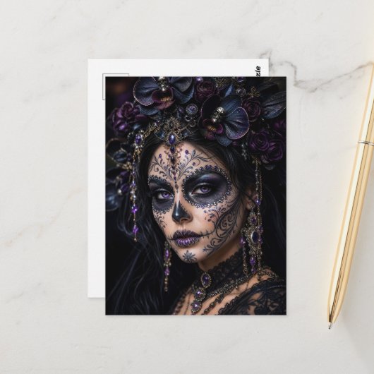 Amethyst Orchide Calavera – Gotische Suiker Schede Briefkaart (Voorkant / Achterkant in situ)