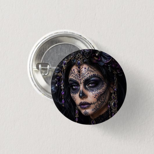 Amethyst Orchide Calavera – Gotische Suiker Schede Ronde Button 3,2 Cm (Voorkant /achterkant)