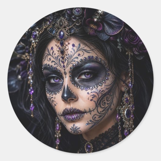 Amethyst Orchide Calavera – Gotische Suiker Schede Ronde Sticker (Voorkant)
