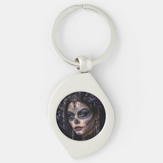 Amethyst Orchide Calavera – Gotische Suiker Schede Sleutelhanger (Voorkant)