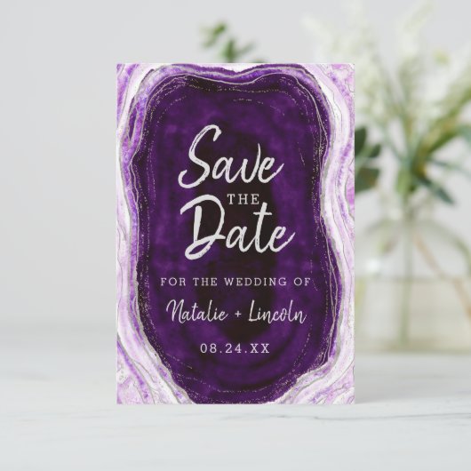 Amethyst Paars en Silver Geode Agate Marble Modern Save The Date (Staand voorkant)